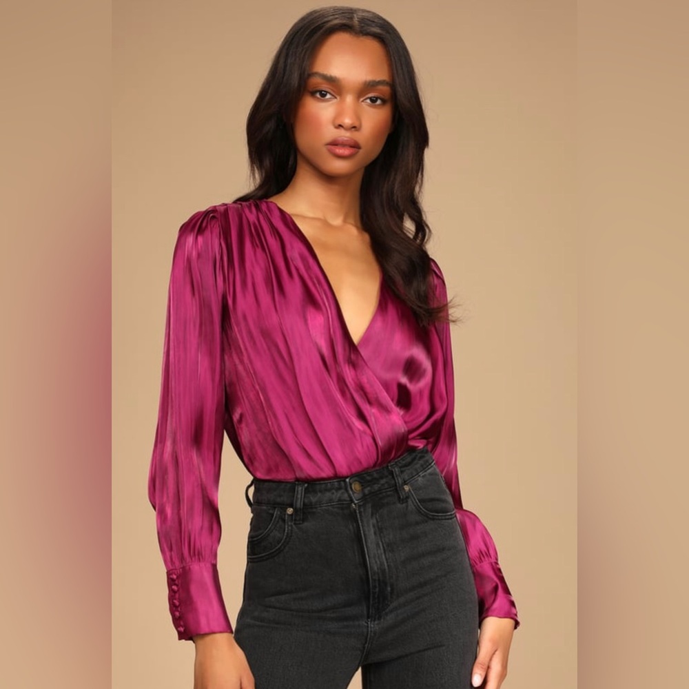 NWT Lulus Love Interest Magenta Satin Long Sleeve Surplice Bodysuit XS